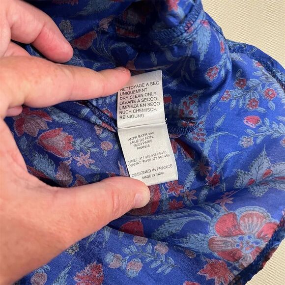 Anthropologie Antik Batik Blue Floral Silk Ruffle Cap Sleeve Blouse Size Small - Picture 11 of 15
